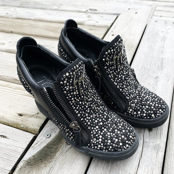 GIUSEPPE ZANOTTI - Black Suede Wedge Trainer With Crystals - Picture 2 of 5